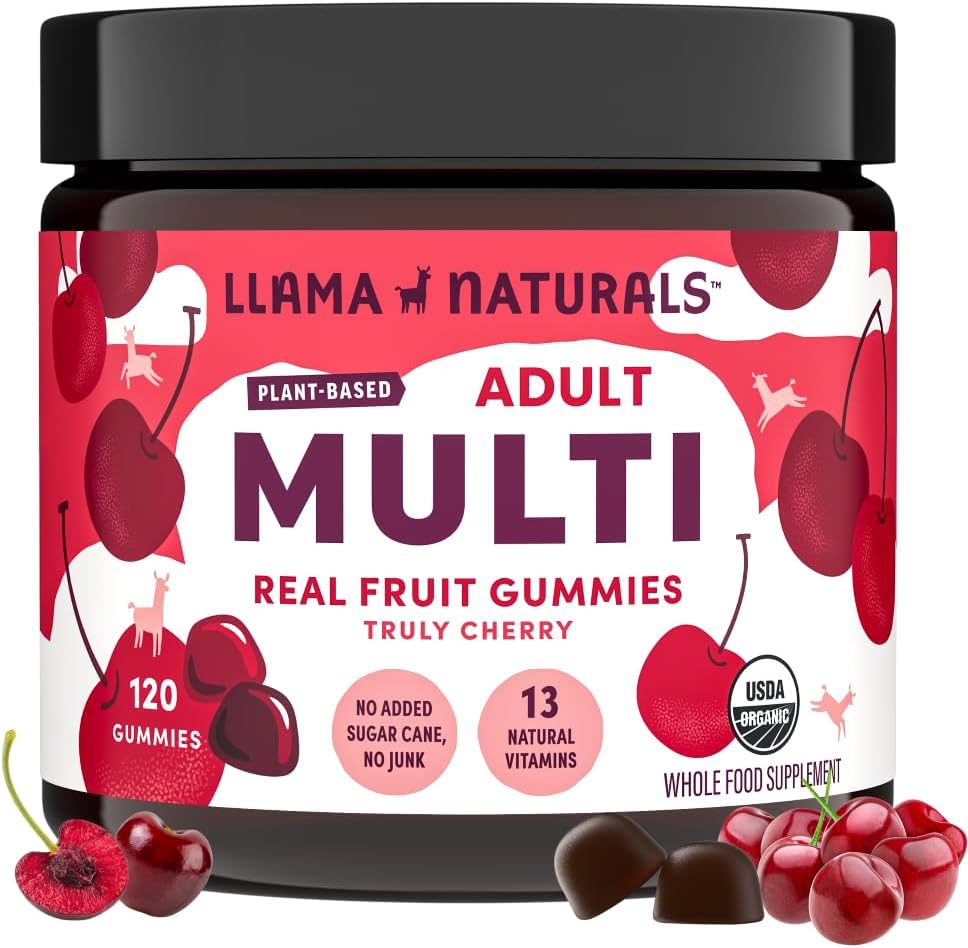Llama Naturals Multivitaminų moterims ir vyrams, Vegan, Organic Gummies su vitaminu D, C ir K, Suaugusiesiems Real Fruit Gummy Vitaminai, Chewable Multivitaminas Priedas, Nėra pridėta cukraus cukranendrių, Cherry, 120 Ct