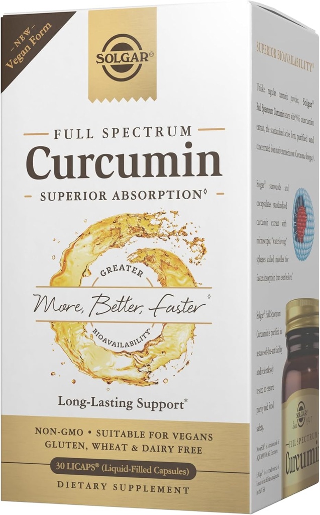 Solgar Full Spectrum Curcumin - 30 LiCaps - Superior Absorption - Brain, Joint Immune Health - Vegan, Gluten Free, Non-GMO, Dairy Free - 30 Servings