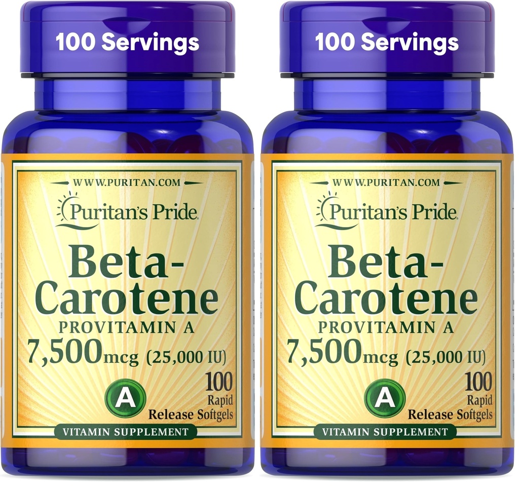 Puritan's Pride Beta Carotene Provitamin A 7,500mcg (25,000 IU), Vitamin Supplement for Immune System, Antioxidant and Eye Health Support, 100 Day Supply, 100 Rapid Release Softgels (Pack of 2)