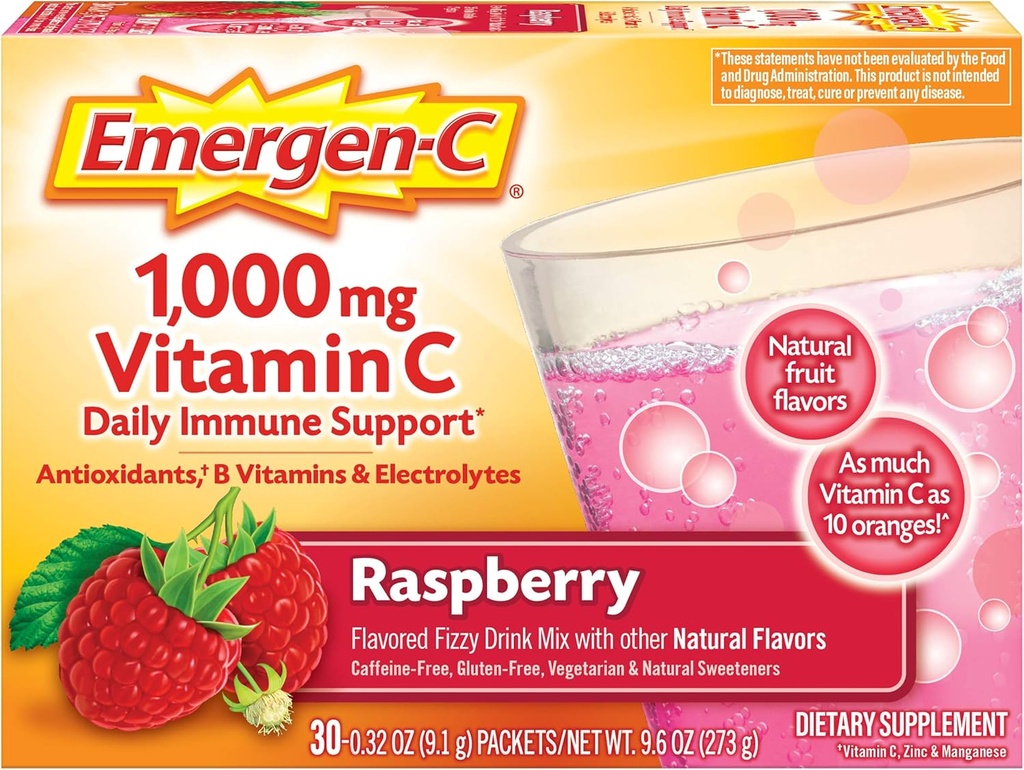 Emergen-C 1000mg Vitamina C Powder, Con Antioxidantes, vitaminas B y electrolitos, Suplementos de inmunidad para soporte inmunológico, mezcla de bebidas con cárter libre de cafeína, sabor a frambuesa - 30 Conteo/1 Mes de suministro