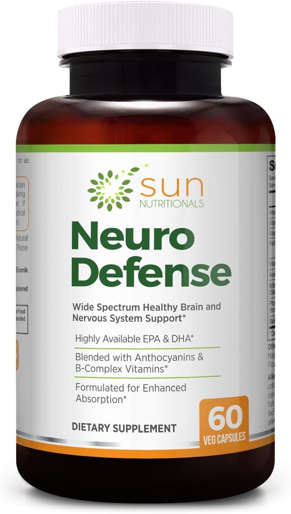 Neuro Defense with Omega-3 Fatty Acids EPA & DHA, Anthcianins from Bilberry Extract, B-Complex Vitamine, Vitamine C & D3, Fosfatidilcoline, 60 VCaps, Non-GMO, Gluten Free