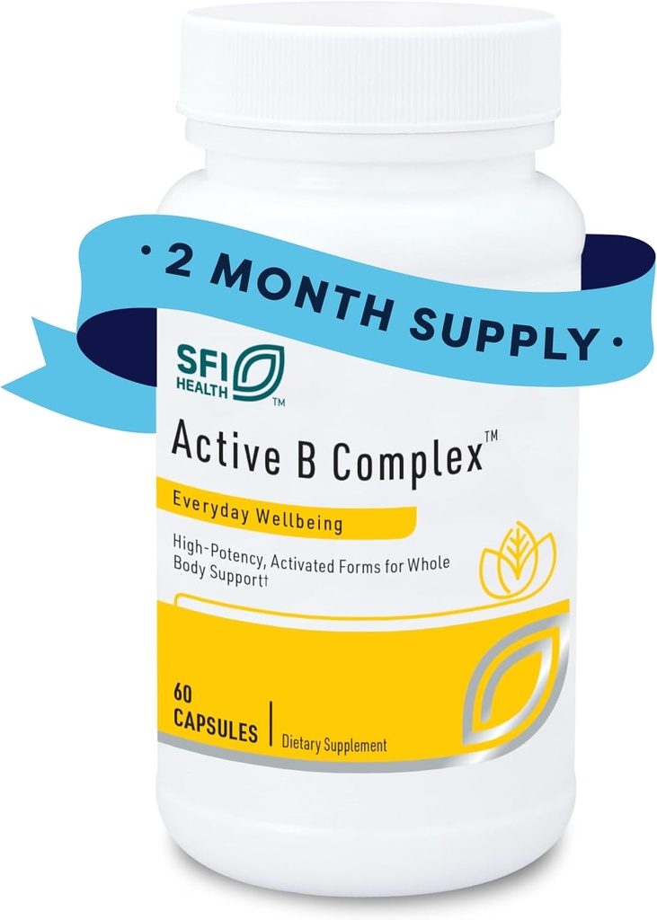 Klaire Labs SFI Health Active B Complex - metylert vitamin B kompleks med Metyl Folat, B12, B6 og mer - Støtte sunn energi, hjerne, lever og nervefunksjon (60 kapsler)