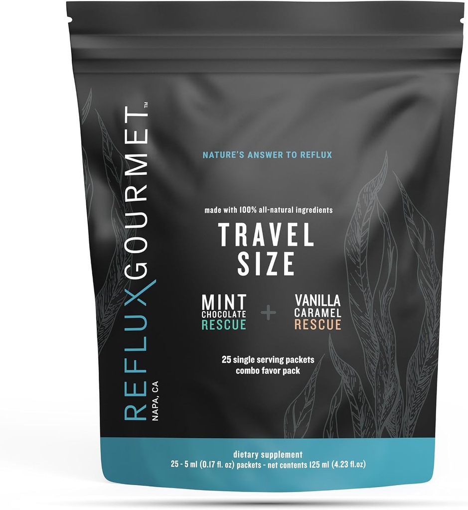 REFLUX GOURMET 자연적인 Heartburn 산은 GERD, LPR, Indigestion, Intermittent Fasting, Alginate 치료, 단 하나 Serve 25 팩, Mint 초콜렛/Vanilla Caramel를 위한 기복을 지원합니다