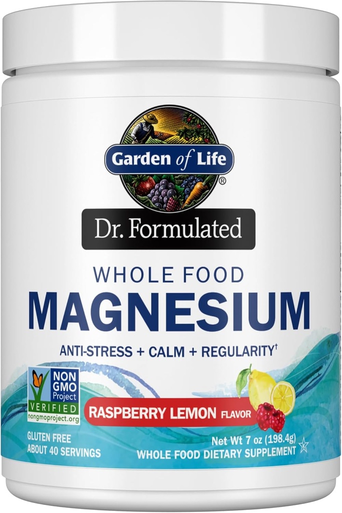Tuin van het leven Whole Food Magnesium Powder, Raspberry Citroen - Vegan, Gluten & Sugar Free Supplement met Probiotica voor Kalm & Regularity
