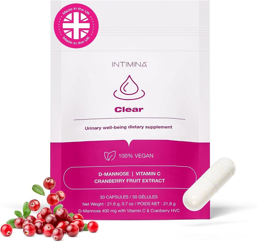 INTIMINA Clear - Suplementos femininos para a saúde urinária com extrato de cranberry, D-manose e vitamina C para prevenção de ITU e bem-estar da bexiga, suplementos de controle de bexiga, suporte de bexiga para mulheres