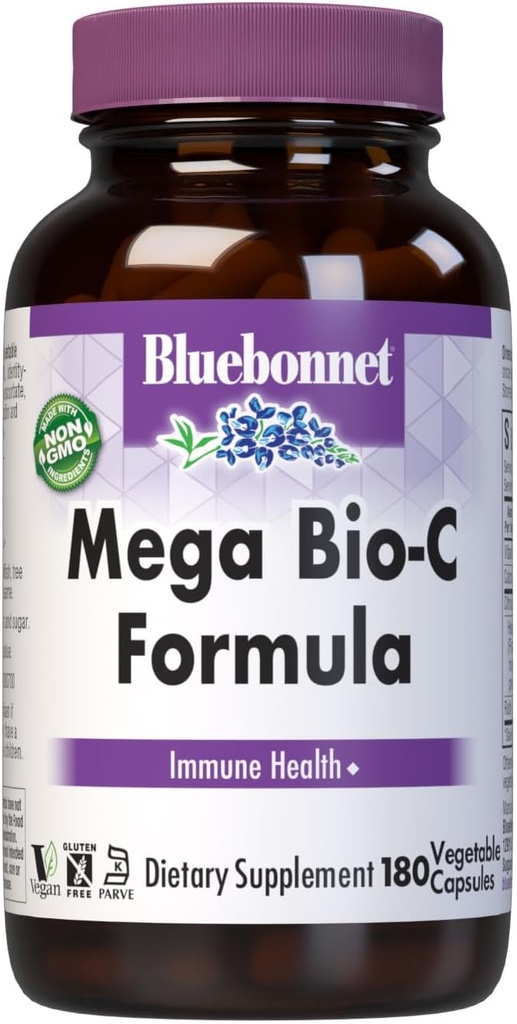 Bluebonnet Nutrition Mega Bio-C Formula Зеленчукови капсули, High Potency Buffered Vitamin C, for Имунно здраве, Soy Free, Gluten Free, Non-GMO, Kosher, Dairy Free, Vegen, 180 Count