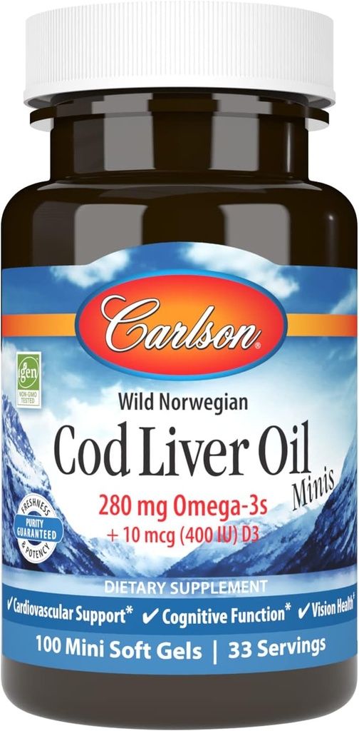 Carlson - Cod Liver Oil Minis, 280 mg Omega-3 + Vitaminas A &amp; D3, Heart Support &quot; Cognitive Function, Vision Health, 100 Mini Softgels