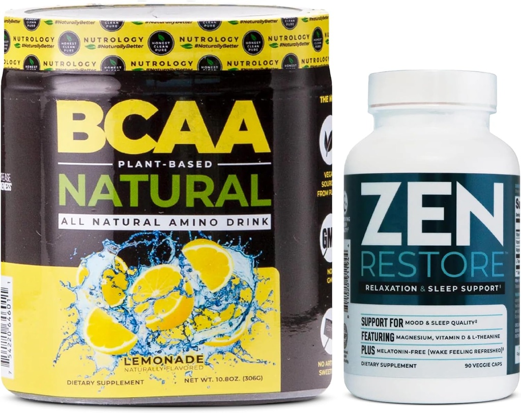 Nutrologie Supplément de magnésium naturel Zen (30 portions) et nutriologie BCAA Poudre naturelle à base végétale BCAA, Limonade Saveur (30 portions)