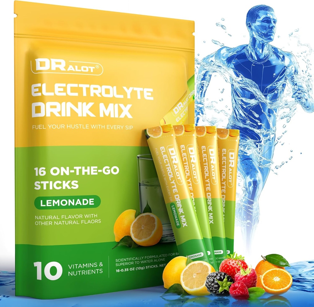 Sugar Free Electrolytes Powder with Natural Flavors, 3X Rapid Hydration Packets with 10 Electrolyte " Vitamins, Liquid Daily IV, Non-GMO, Gluten-Free, Keto, Vegan, 16 Sticks, Lemon