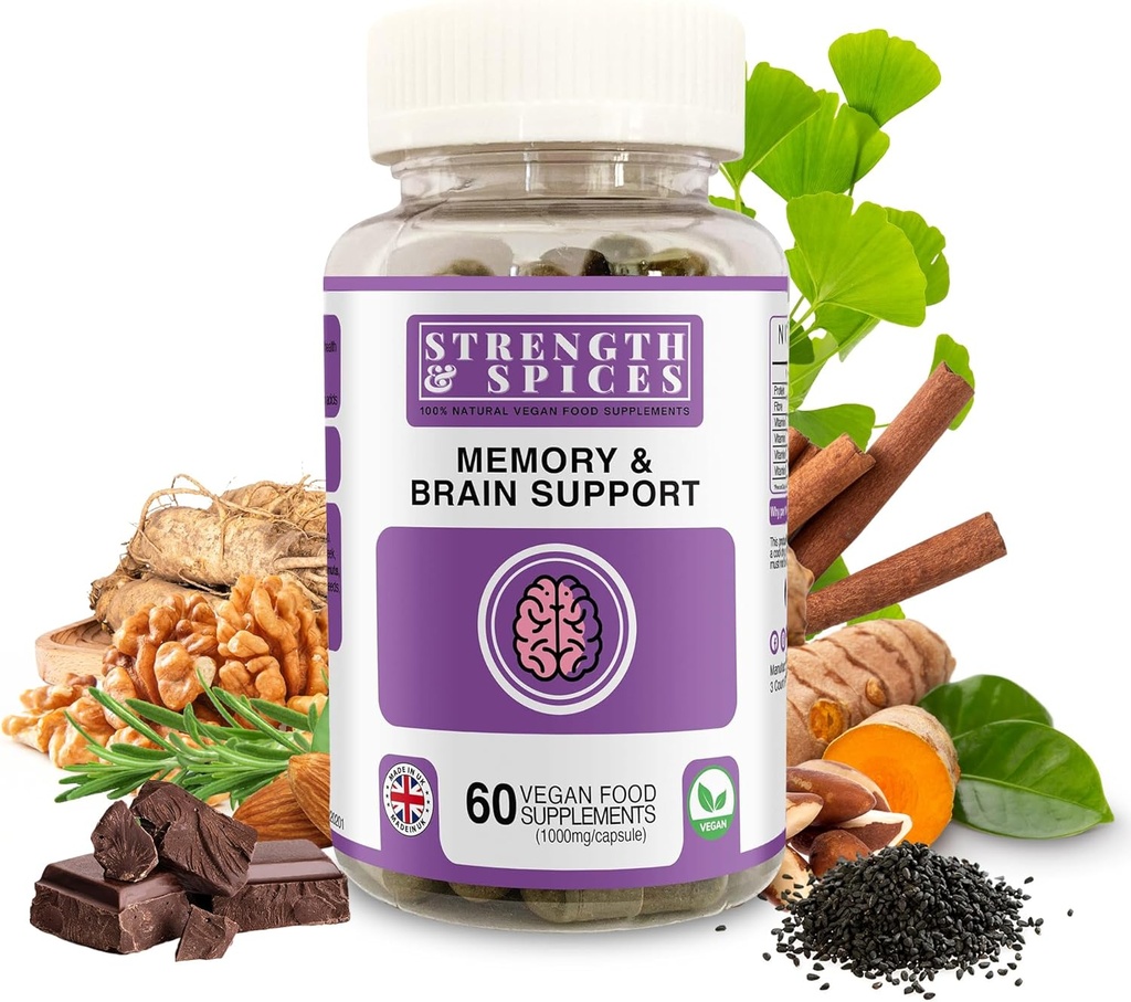 Strength ' Spices Memory Booster and Focus Supplement with Ginkgo Biloba and 22 Super Ingredients, Plant-Based Brain Supplement for Memory, Clarity, and Alertness, 1000mg, 60 Capsules