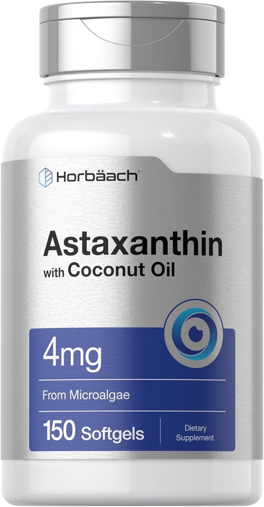 Horbäach Astaxanthin 4mg | 150 Softgels | Supplement von Microalgae | mit Kokosnussöl | Non-GMO, Gluten, Soy Free