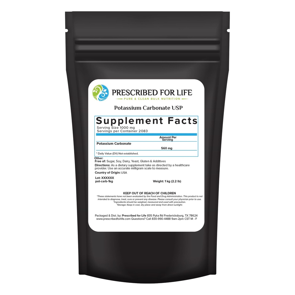 Prescribed for Life Potassium Carbonate Powder, Natural USP Food Grade Potash for Plants, Soap, Supplements, & More, Pure Bulk Potassium Powder (1kg)