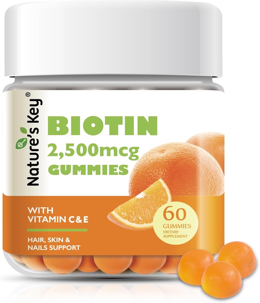 Vitamin C və E ilə əsas Biotin Gummies, Qadınlar və Uşaqlar üçün Saç Çiçəklik və Gözəllik Skin, Vegan, Orange Flavors 60 Count