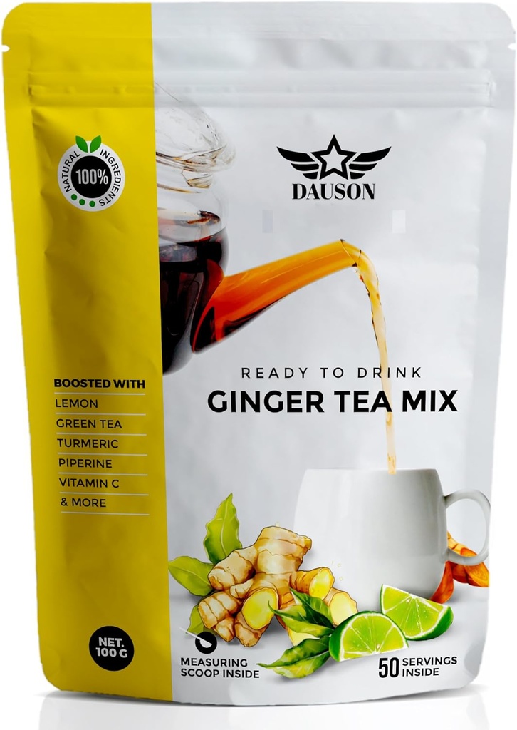 Ginger Llimona Herbal Te Powder rwillaring Scheting with Licice, Tuurmeric, Te decre verd de Decaf, Viffeine Caffeine-Free, Vegan, Gut- Amily Detox Te 1x, 50 Servitings