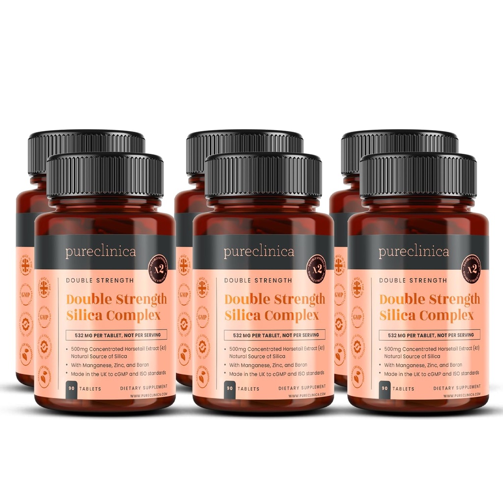 pureclinica Double Strength Silica Complex – 500mg Horsetail Extract (4:1) per Tablet – 540 Tablets (6 Bottles) – 18 Month Supply – with Zinc, Manganese & Boron