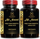 L-LYSINE 500 mg Essential Amino Acid - Support Supplement for Aging Skin Pure Lysine Supplement Supplements for Performance, Muscle Growth & Recovery - 2 Bottles 200 Counts