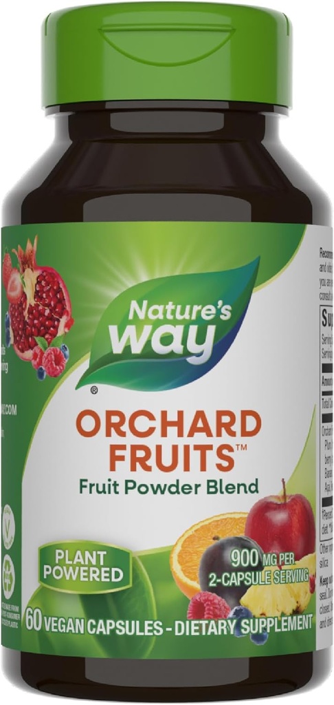 Nature's Way Orchard Fruits, Fruit Powder Blend, Baditu 12 fruta desberdin, 900mg 2 kapsula zerbitzatu bakoitzeko, 60 kapsula (Maiatzaren Vary paketatzea)