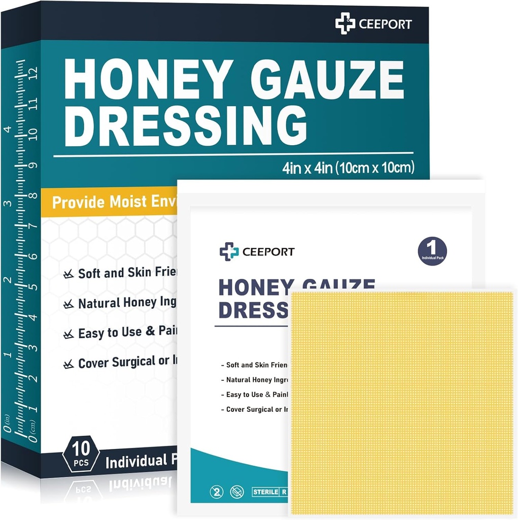 Honey Gauze Weund Dressing, 4 "x 4" Manuka Honey Wound Cariges, Perban Madu Tingkat Medis untuk Wound Care, Honey Patch untuk Penyembuhan Lebih Cepat dari Luka Bakar, Luka, Luka, Luka dan Kudis (Paket 10)