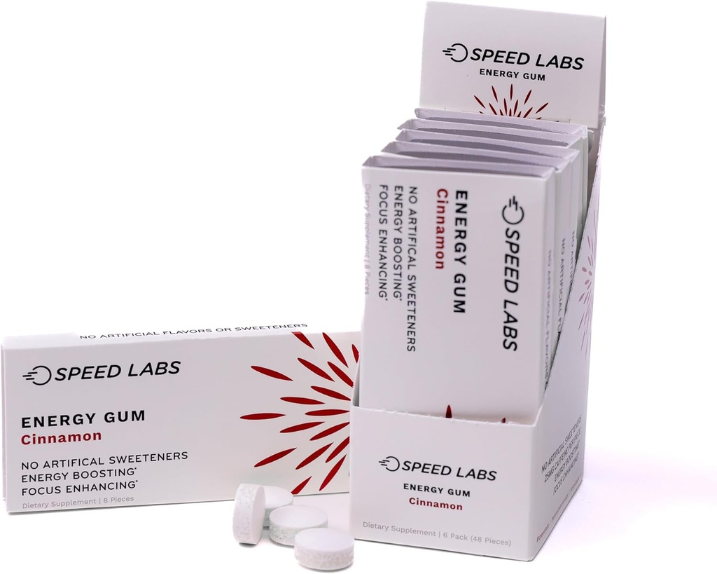 速度实验室 肉桂 天然咖啡因 能量 Gum 25mg Cafeine, Taurine, B 维生素 Per Piec, 48 Pieces (6 Packs of 8) 糖无味,零卡路里,自然甜化,Gluten free
