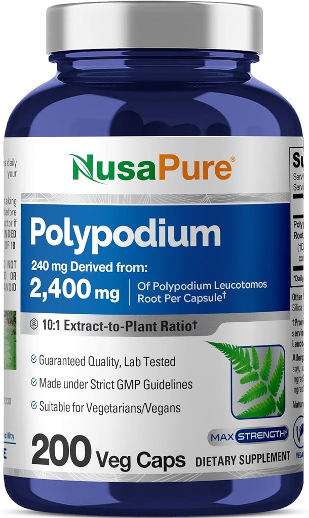 NusaPure Polypodium Leucotomos 10:1 ekstrakt, 240 mg ekvivalentno 2400 mg 200 Veggie kapsule (vegetarijanske, ne-GMO, veganske)
