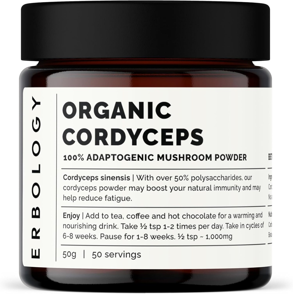 Erbologi Organic Cordyceps Mushroom Powder 50 Servering - 48% Beta- glucans - Energi og ydeevne - Cordyceps Sinensis - Lille Batch - Bæredygtigt dyrket i Europa - Vegan - Non- GMO - Ingen Tilføjet Fillers