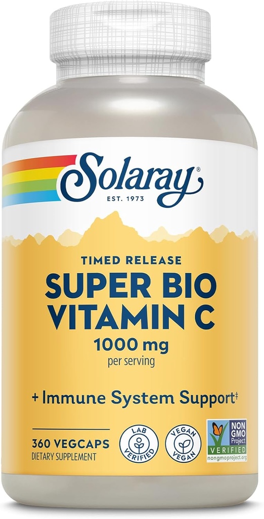 SOLARAY Super Bio puskuroitu C-vitamiini 1000 mg, Kaksivaiheinen, ajoitettu vapauttaa C-vitamiinin Bioflavonoidit, Immuuni tuki täydentää - korkea imeytyminen, vegaaninen, 60 päivän takuu, 180 tarjoiluja, 360 VegCaps 180