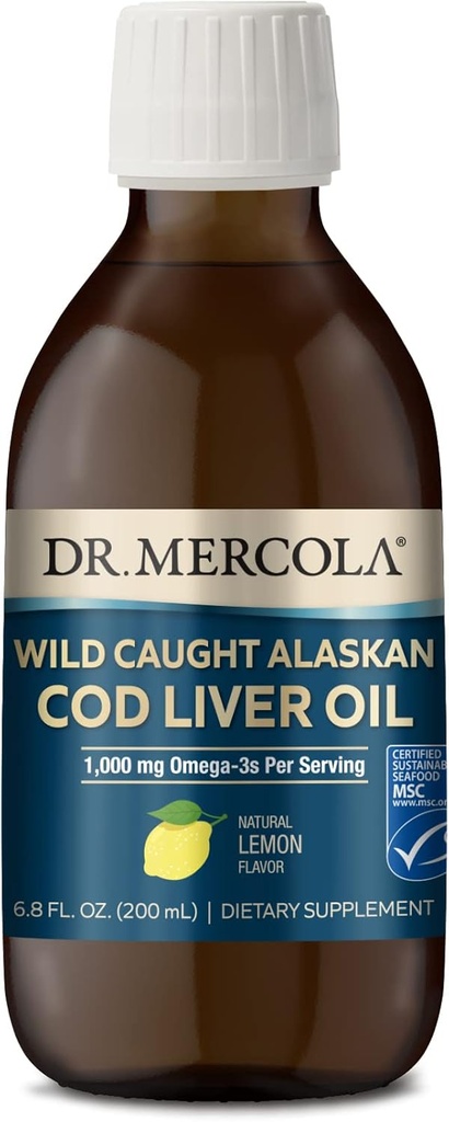 Dr. Mercola Wild Caught Aljašský Cod Liver Oil, 6.8 Fl. Oz. (200 ml), 40 Servings, 1000 mg Omega-3s per Serving, Dietary Supplement, Supports Brain and Cognitive Function, non-GMO, MSC Certified