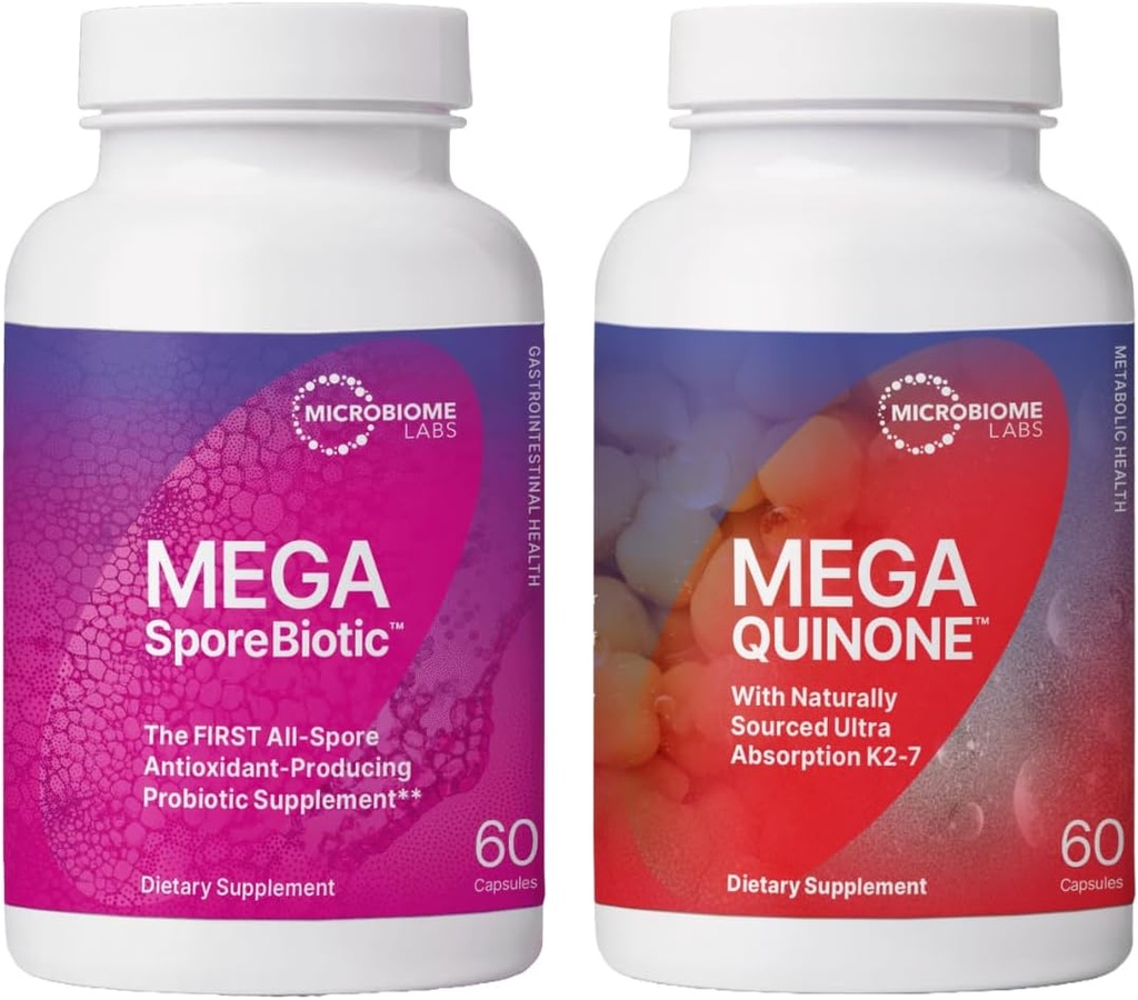 Microbiome Labs Heart Health Support Bundle - MegaSporeBiotic Spore Based Probiotic Supplement (60 kapselia) + MegaQuinone K2-7 K-vitamiinin täydentää (60 kapselia)