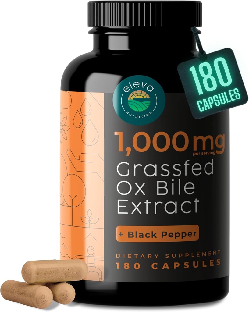 Grass-Fed Ox Bile Extract 1000mg Suplementos de sal com pimenta preta. Suporta Saúde Digestiva - 180 Contagem