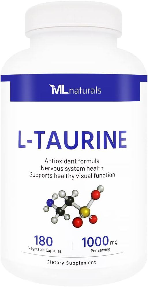 ML Naturals L-Taurine 1000 мг 180 растительных капсул. 99,9% чистоты L-Taurine. Nervous System Health & Antioxidant Support, NSF-Certified & cGMP-Compliant.