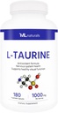 ML Naturals L-Taurine 1000 mg 180 Capsules végétales. 99,9 % Pureté L-Taurine. Santé du système nerveux et soutien aux antioxydants, certifié NSF et conforme aux GMPc.