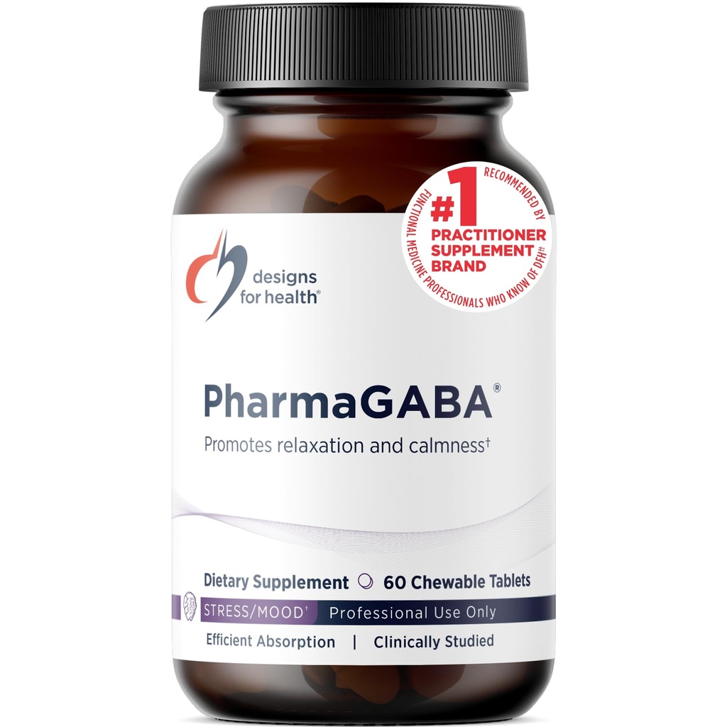 Designs for Health PharmaGABA Chewable Supplement - 200mg Bioavailable GABA Supplement for Stress, Mood, Immune Health & Sleep Support - Vegan, Gluten Free & Non-GMO (60 Tablets)