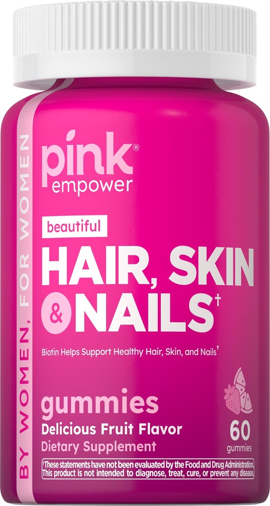 PINK Hair Skin Nails Gummies | Plus 2,500 mcg of Biotin | 60 Count | Non-GMO & Gluten Free Vitamins for Women | Strawberry Flavor