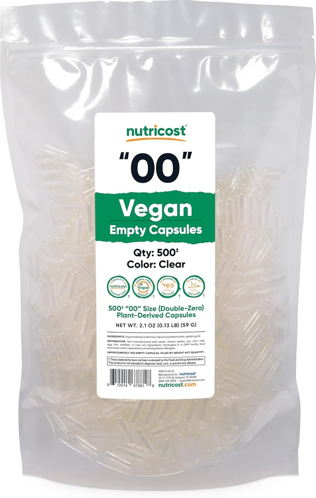 Nutricost Puste kapsułki Rozmiar 00 Wegan - 500 Przezroczysty Puste Plant- oparte kapsułki - Kosher Certified, Halal Certified, Non-GMO, Soy Free, Gluten Free, Wegetarianin