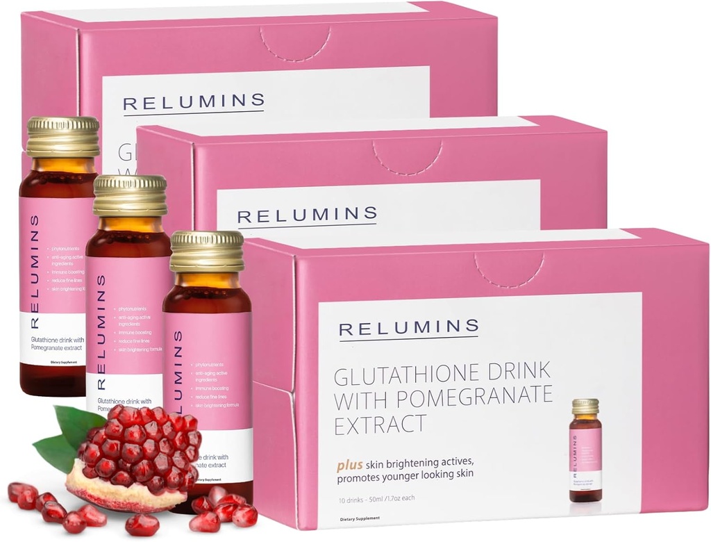 Reluminai Glutatione Hydration Shots - Post- Vasaros odos atstatymas ir šaltas oras Hidracija - Collagen- Bosting & Pagaminta JAV - Granatų skonio - 30 Buteliai x 50 ml