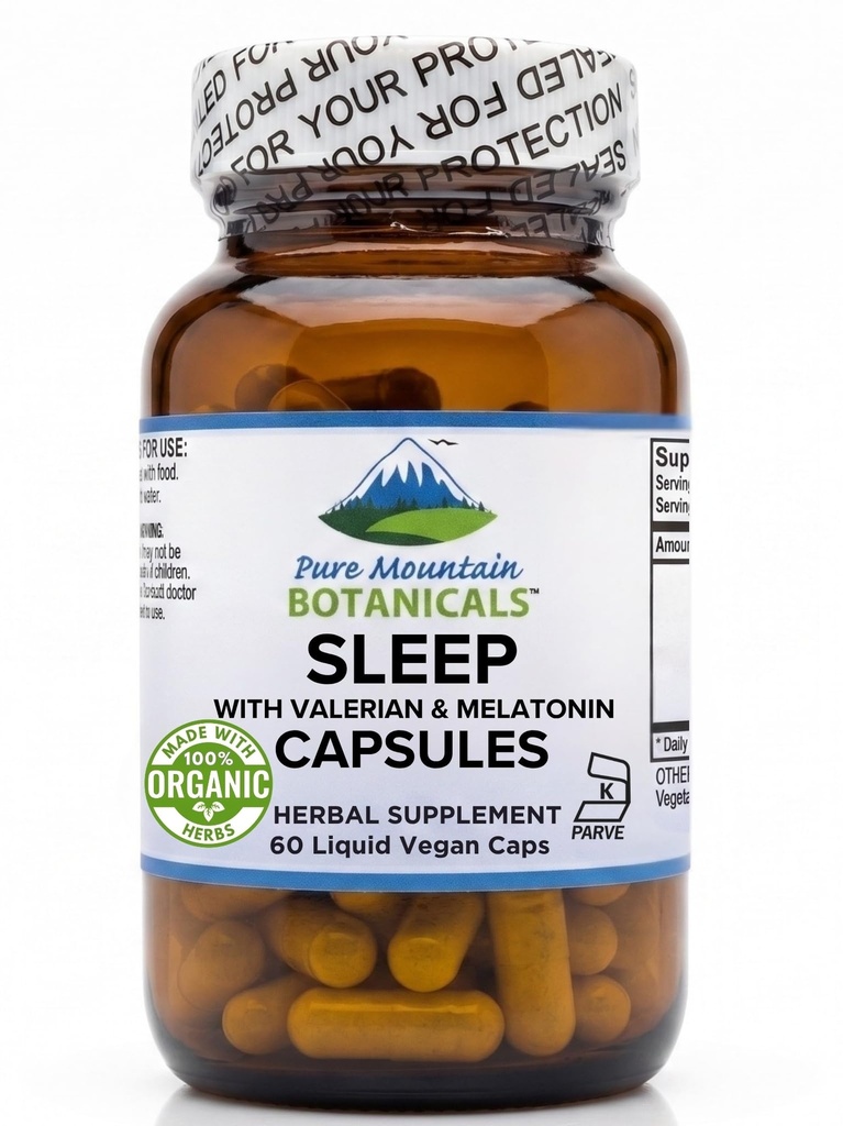 Pure Mountain Botanicals Valerian Root and Hops Sleep Aid - with Organic Chamomile, Passion Flower, Skullcap and Melatonin 2.5 mg - 60 Vegan Capsules