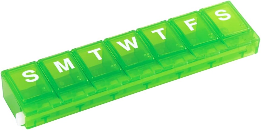 EZY DOSE Weekly (7-Day) Pill Planner, Medicine Case, Vitamin Organizer Box, Small Locking Compartments till säker receptbelagd medicinering och förebygga oavsiktlig spillning, grön