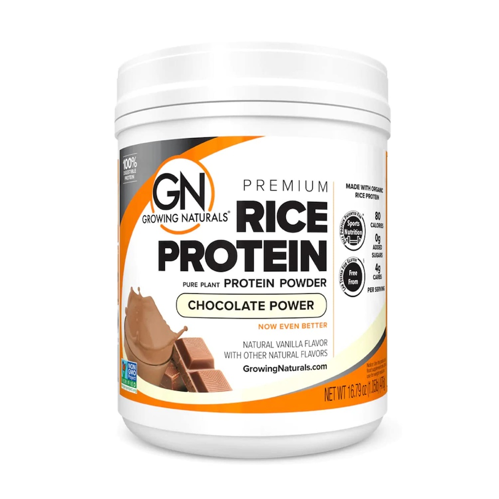 Growing Naturals Organic Premium Rice Protein Powder, Chocolate Power, Non-GMO, Vegan, 16.8 Ounce