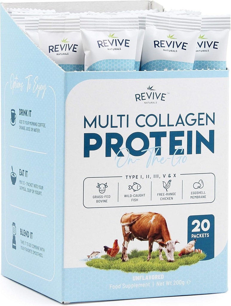 Multi kolagen protein Powder Packets - Typy I, II, III, V & X - Hydrolyzovaná tráva Fed Bovine, Wild Caught Fish, & Free- Range Chicken & Eggshell Collagen. Non- GMO, Halal, (10g každý, 20 balíčků)