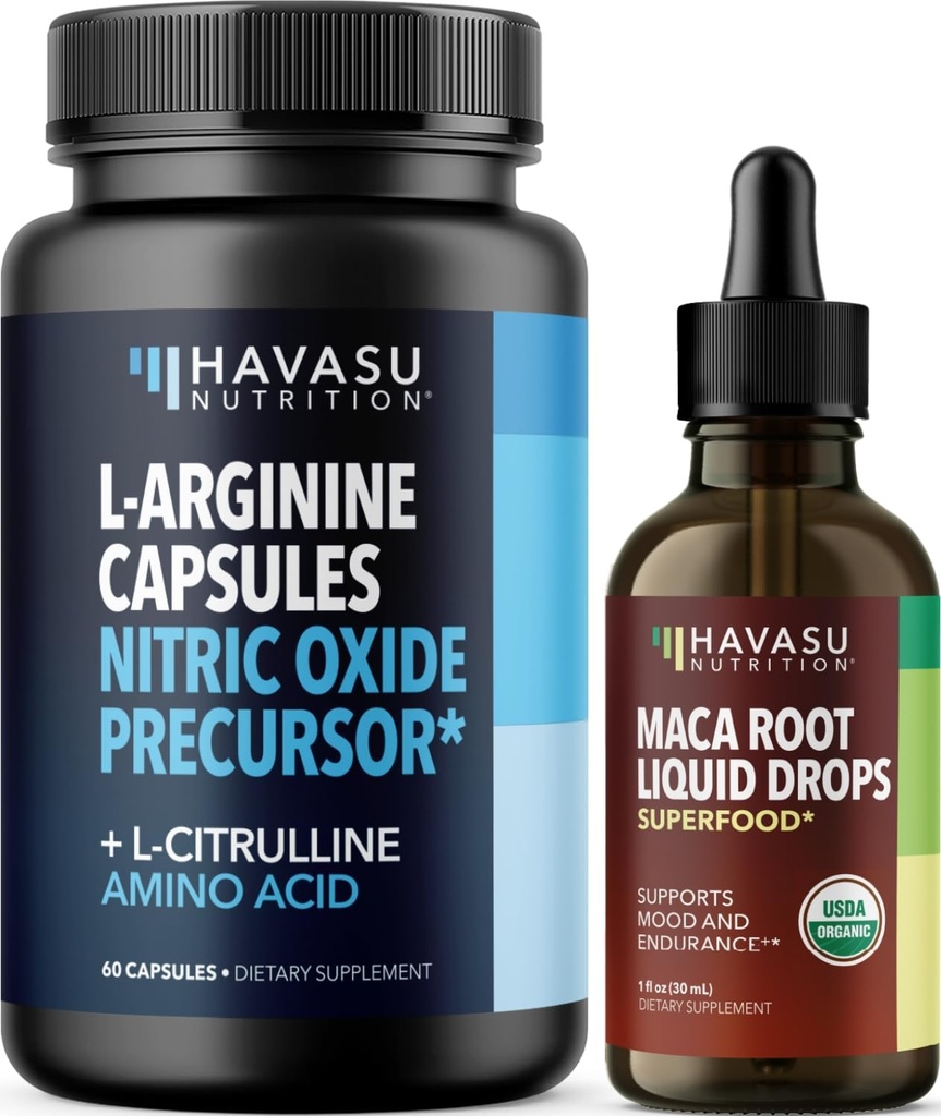 HAVASU NUTRITION Organic Maca Root Liquid Drops (60 serverių) & L Arginino L citrulino papildymas (30 serverių)