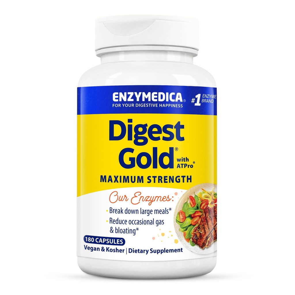 Enzymedica Digest Gold + ATPro, Maximum Strength Enzyme Formula, Prevents Bloating and Gas, 14 Key Enzymes Including Amylase, Protease, Lipase and Lactase, 180 Capsules