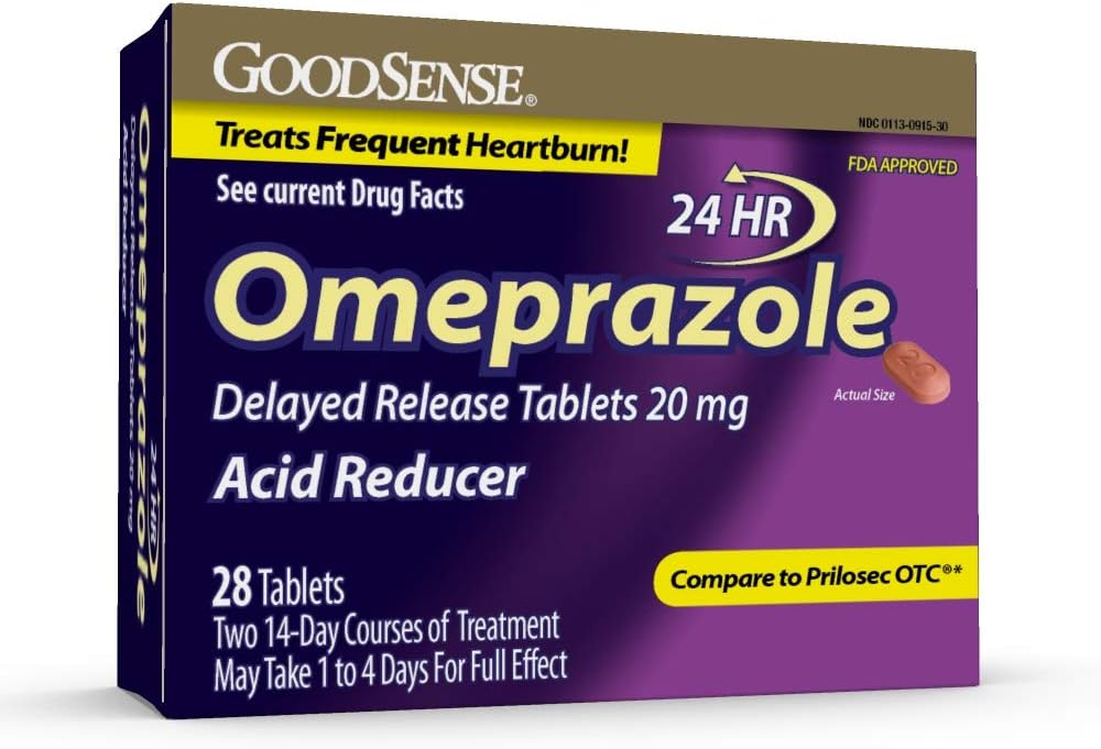 GoodSense Omeprazole Delayed Release Tablets 20 mg, Stomach Acid Reducer for Frequent Heartburn Treatment, 28 Count