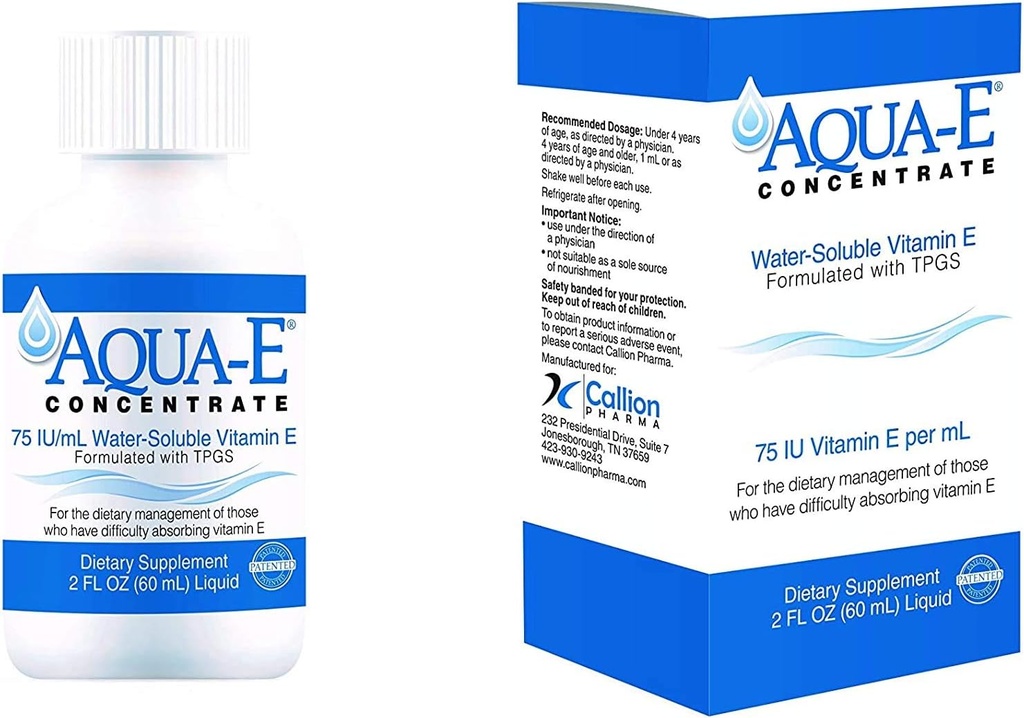 Aqua-E Concentra 75 IU / ml, 60 ml botella, auga-sóluble vitamina E