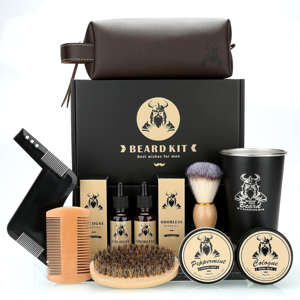 Beard Kit Dovanos vyrams, Tėvo diena Gimtadienis Dovanos vyrams tėtis Jis, Grooming & Trimming įrankis pilnas rinkinys, barzdos priežiūros rinkinys su 2 barzdos augimo aliejus / Balm / Brush / Comb / Soap / taurės ir saugojimo maišelis