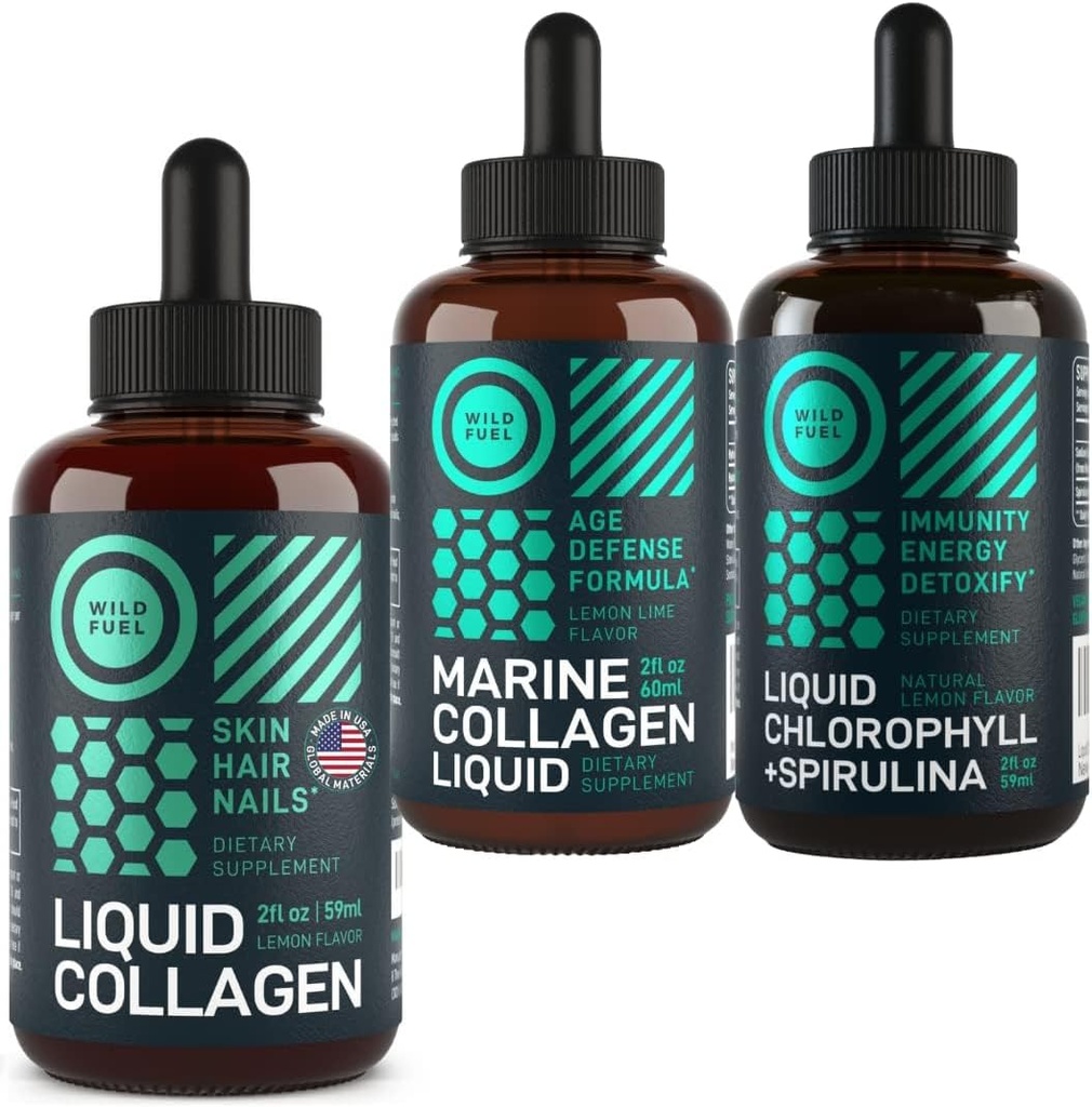 WILD FUEL Liquid Collagen, Marine Collagen e Liquid Chlorophyll Beauty and Wellness Bundle