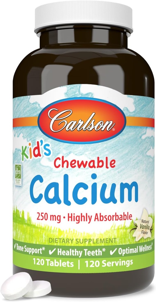 Carlson - Kid's Chewable Kalbel, 250 mq, Yüksək Absorbable, Bone & Dental Support, Optimal Wellness, Natural Vanilla Flavor, 120 Tablets