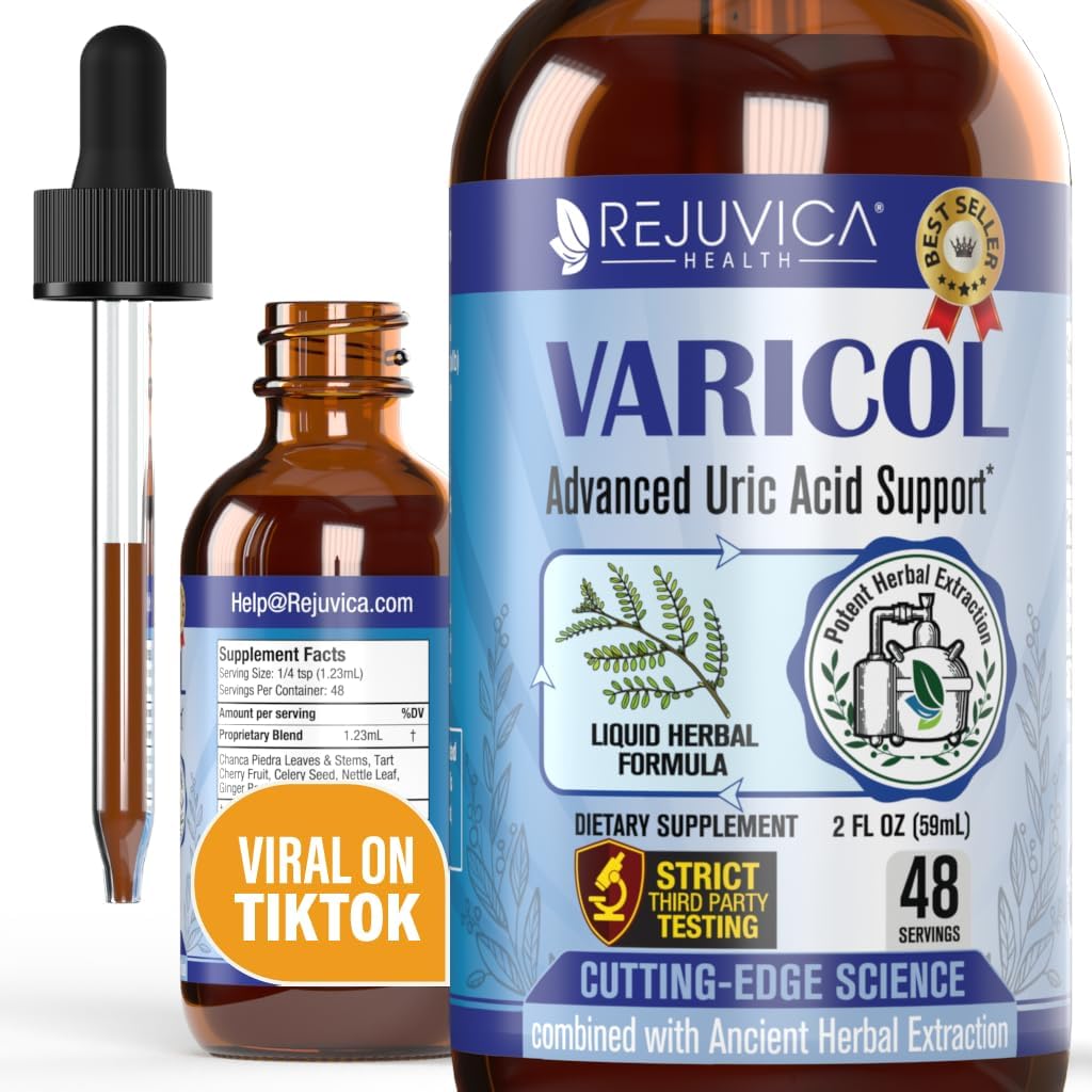 Varicol - Uric Acid Support Liquid Drops - Tart Cherry, Chanca Piedra, Celery Seed + Ginger Extract Complex - Vegan, Sugar-Free Supplement - 2 fl oz와 편안한 관절 및 신장 지원