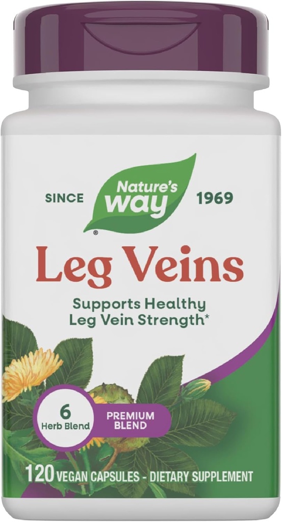 Nature's Way Leg Veins, Dövlət Dəstək Dəstək Dəyir *, 6-Herb Çıxış, At Chestnut özü ilə, Dandelion, Gluten Free, 120 Vegan Capsules (Paket May Vary)
