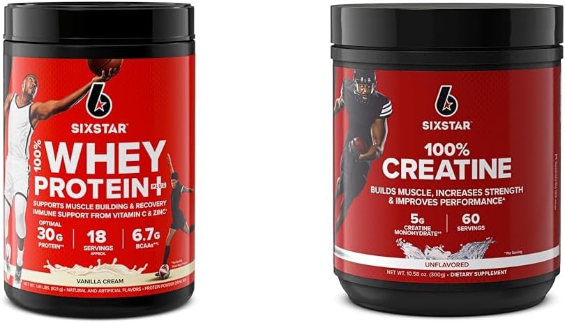 Six Star Whey Protein Plus & Creatine Monohydrate Powder Bundle | Proteína de Vanilla Whey Isolate 1.8 lbs & Creatina non saboreada 60