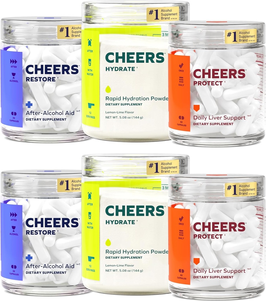 Skål Super Combo Budd124; Gendan + Protect + Hydrate Budding- 124; Føl dig bedre efter at have drukket, Support Your Lever, & Rehydrate Budding- 124; DHM, L- Cysteine, Electrolytes Budding- 124; 24 Doser Genopret & Hydrate, 60 Doser Protect